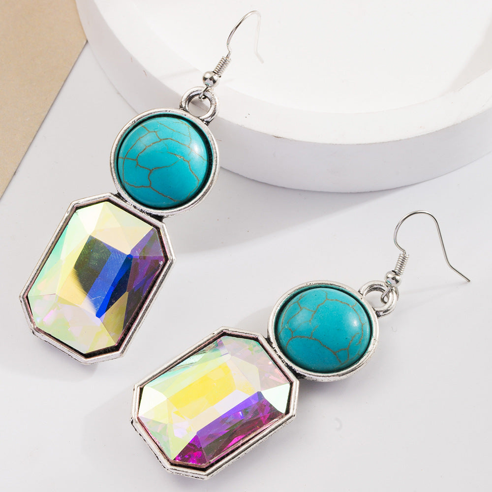 Wholesale Retro Geometric Creative Alloy Inlaid Turquoise Color Diamond Bohemian Earrings